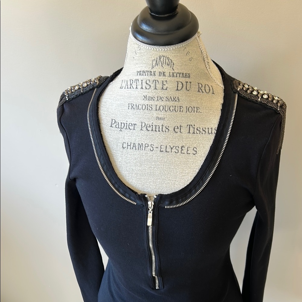 Scoop Neck Jersey Top, Zipper, Beaded, Black (size small)